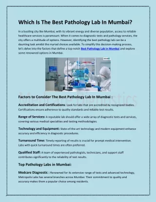 Which Is The Best Pathology Lab In Mumbai