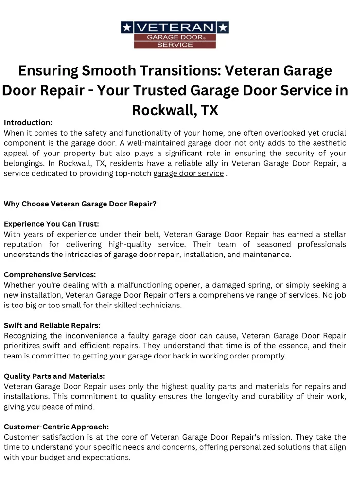 ensuring smooth transitions veteran garage door