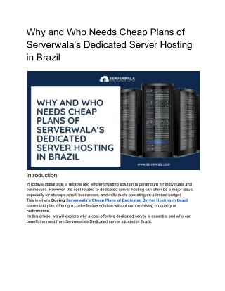 Why and Who Needs Cheap Plans of Serverwala’s Dedicated Server Hosting in Brazil