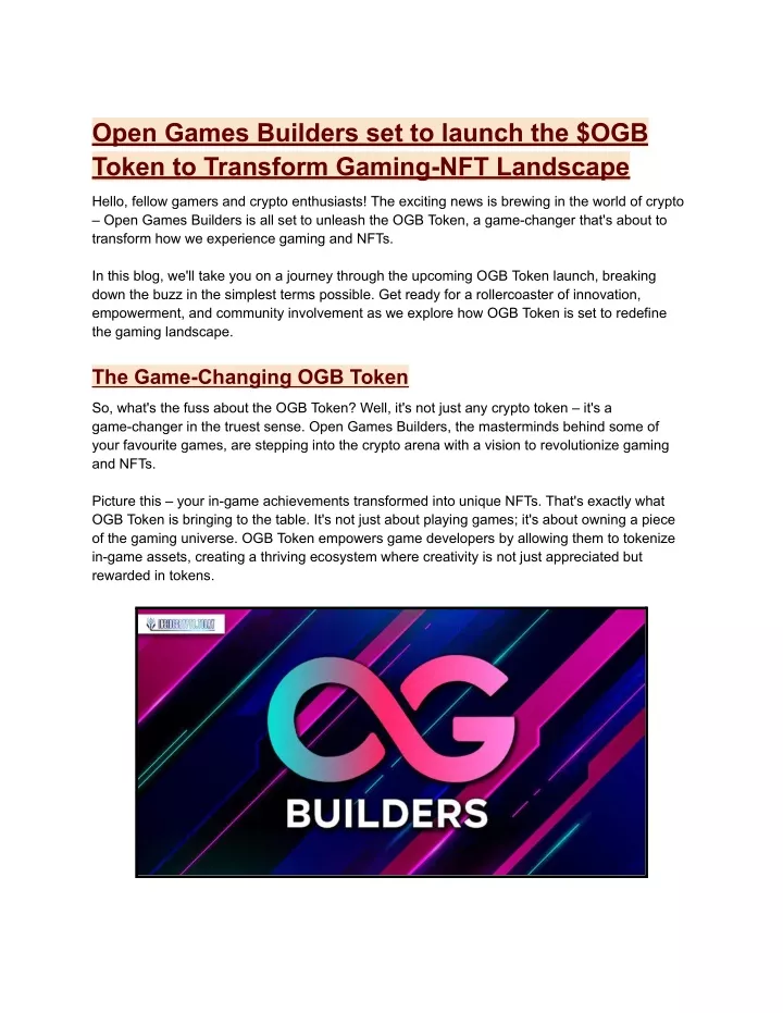 open games builders set to launch the ogb token