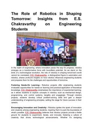 The Role of Robotics in Shaping Tomorrow: Insights from E.S. Chakravarthy on Eng