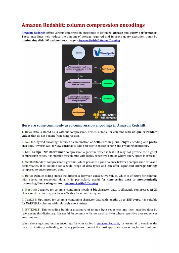 amazon redshift column compression encodings