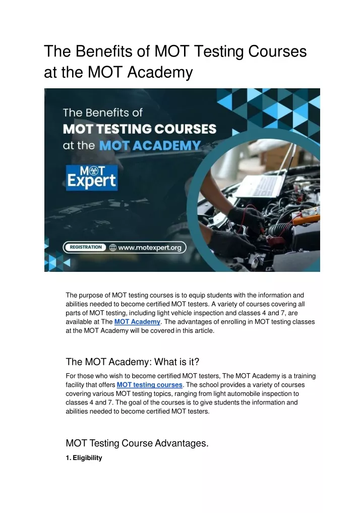 the benefits of mot testing courses at the mot academy