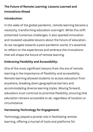 The Future of Remote Learning Lessons Learned and Innovations Ahead