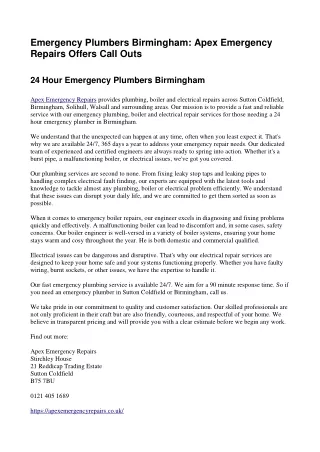 Emergency Plumbers Birmingham Apex Emergency Repairs Offers Call Outs