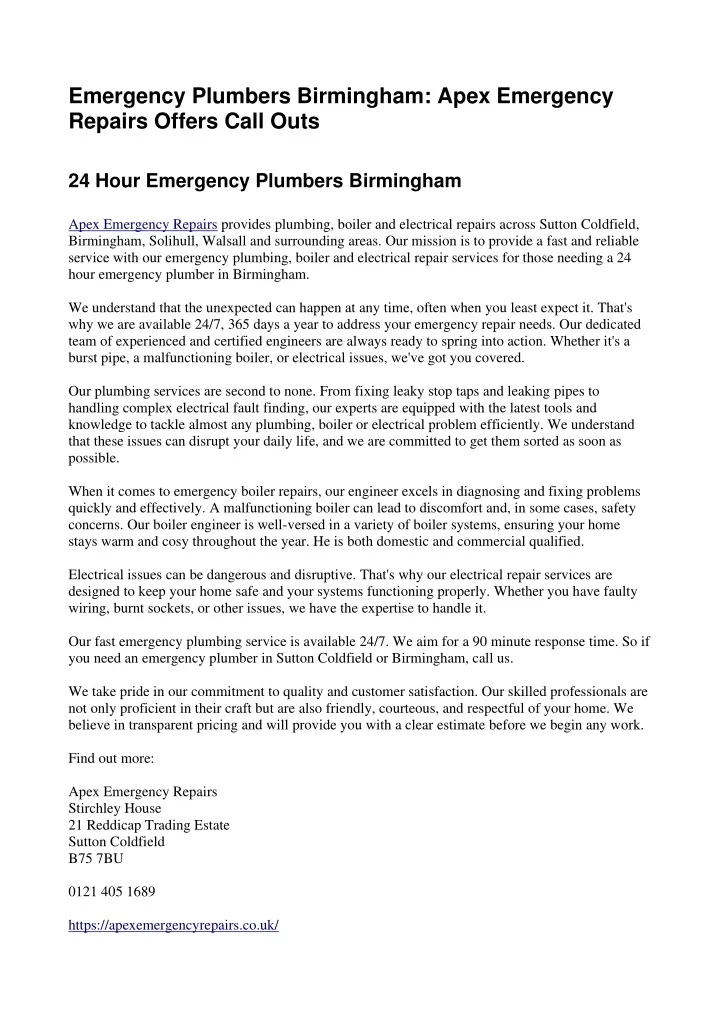 emergency plumbers birmingham apex emergency