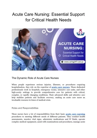 Acute Care Nursing: Fundamental Aid for Severe Health Conditions