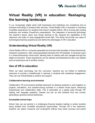 Virtual Reality (VR) in education: Reshaping the learning landscape