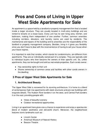 Pros and Cons of Living in Upper West Side Apartments for Sale