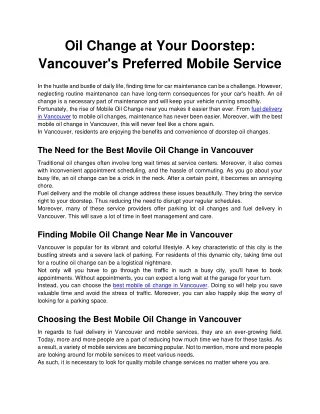 Oil Change at Your Doorstep Vancouver's Preferred Mobile Service