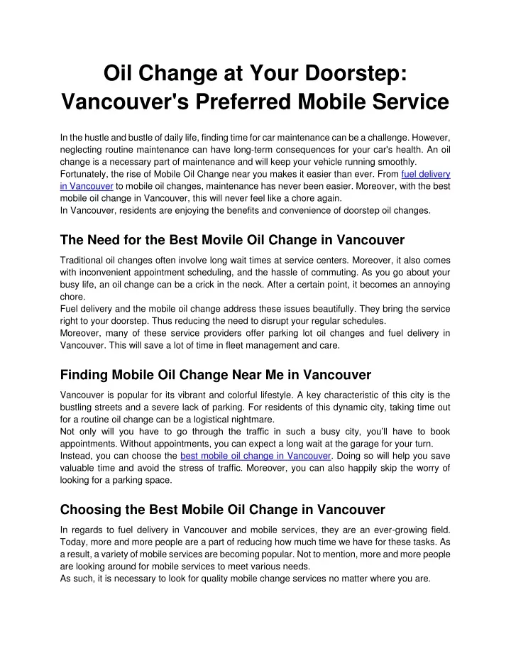 oil change at your doorstep vancouver s preferred