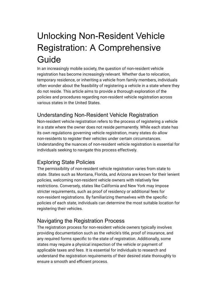 unlocking non resident vehicle registration