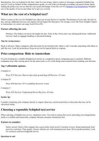 The Best Value for Your Money: Choosing a Reputable Schiphol Taxi Service