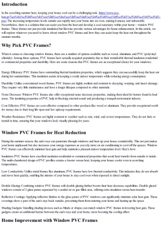 Keep the Heat Out: Window PVC Frames for Summer Season Cooling