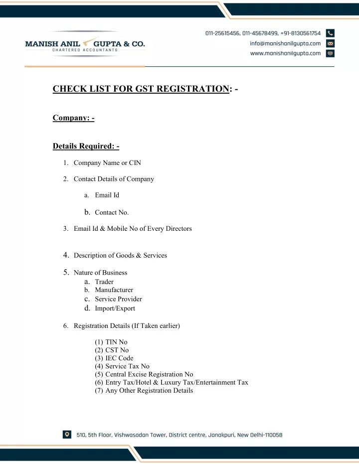check list for gst registration company details