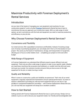 Maximize Productivity with Foreman Deployment's Rental Services