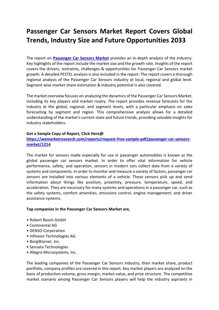 passenger car sensors market report covers global