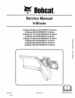 Bobcat V-Blade 72 Man Service Repair Manual SN A00900101 AND Above