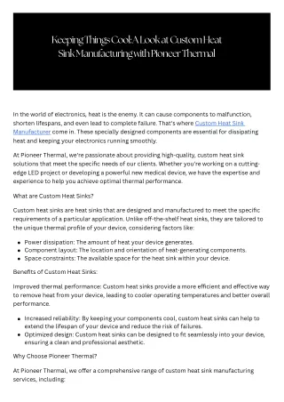 Conquer the Heat: Custom Heat Sink Manufacturer from Pioneer Thermal