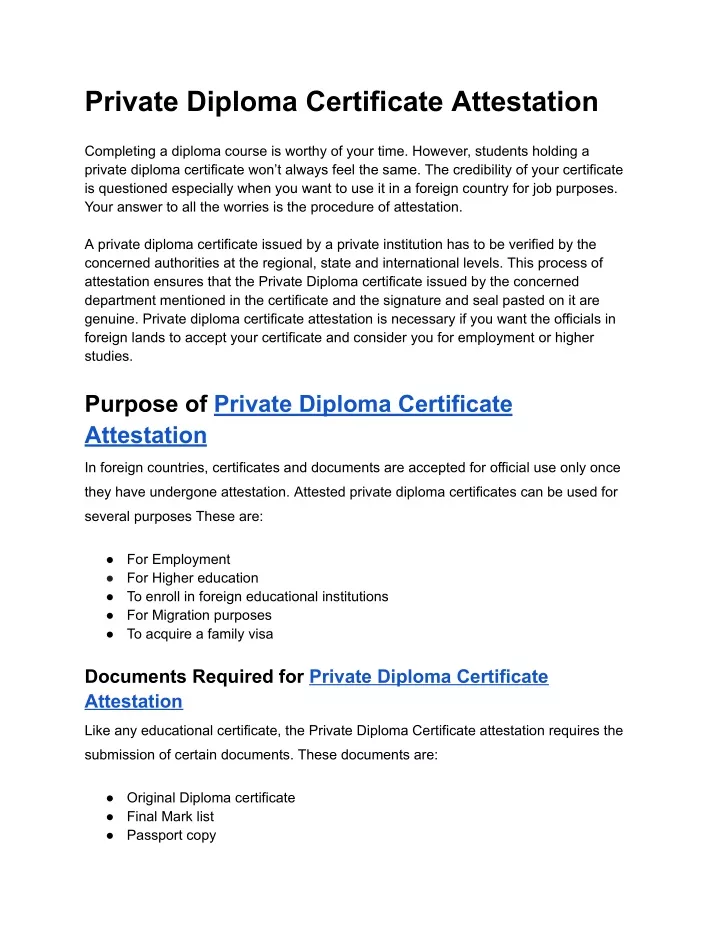 private diploma certificate attestation