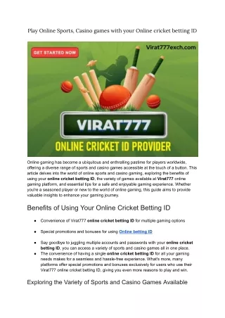 Play Online Sports, Casino games with your Online cricket betting ID