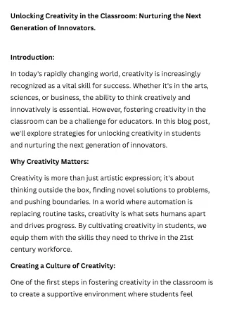 Unlocking Creativity in the Classroom Nurturing the Next Generation of Innovators