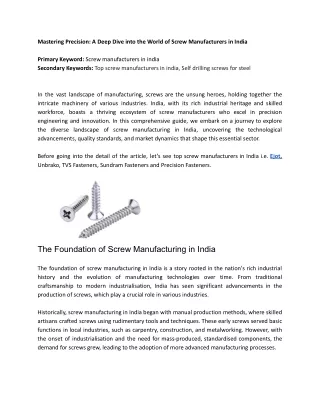 Mastering Precision A Deep Dive into the World of Screw Manufacturers in India
