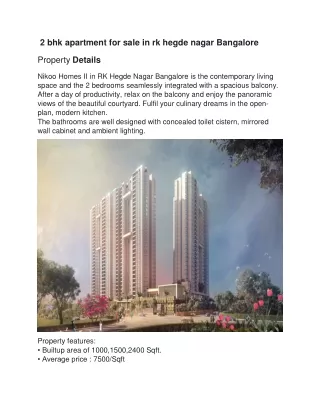 2 bhk apartment for sale in rk hegde nagar Bangalore