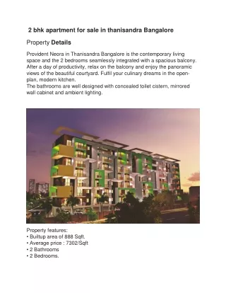 2 bhk apartment for sale in thanisandra Bangalore