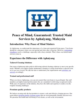 Peace of Mind, Guaranteed- Trusted Maid Services by Aphaiyang, Malaysia
