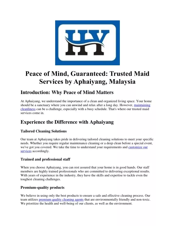 peace of mind guaranteed trusted maid services