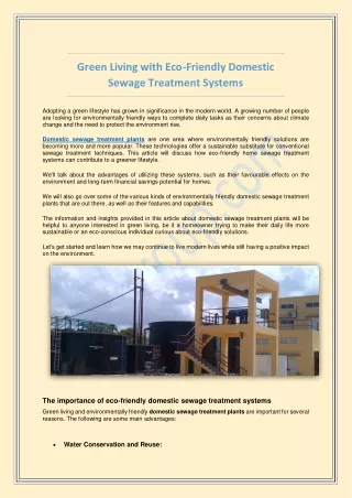 Green Living with Eco-Friendly Domestic Sewage Treatment Systems