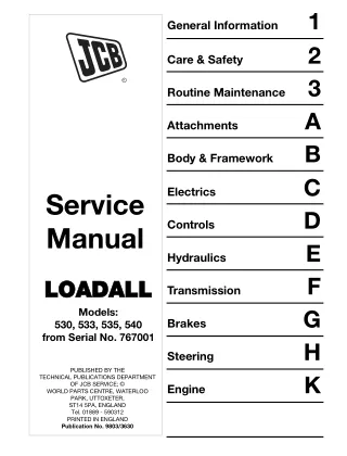 JCB 530 Telescopic Handler Service Repair Manual SN From 767001