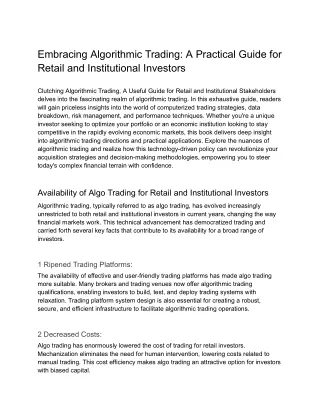 embracing algorithmic trading a practical guide