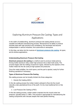 Exploring Aluminum Pressure Die Casting- Types and Applications