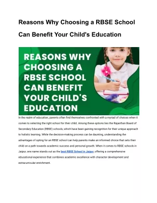 Reasons Why Choosing a RBSE School Can Benefit Your Child's Education