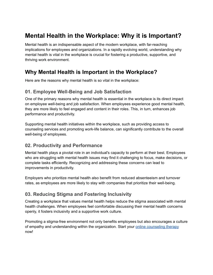 mental health in the workplace why it is important