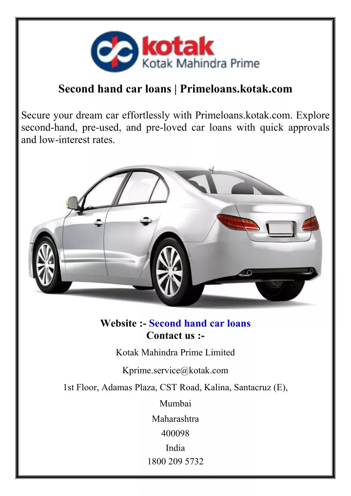second hand car loans primeloans kotak com