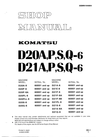 Komatsu D21PL-6 Dozer Bulldozer Service Repair Manual SN 60001 and up