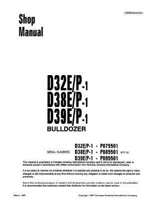 Komatsu D38E-1 Dozer Bulldozer Service Repair Manual SN P085501 and up