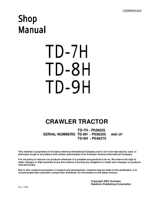 Komatsu TD-7H Dozer Bulldozer Service Repair Manual SN P026055 and up