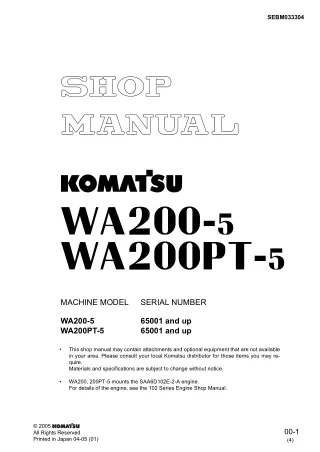 Komatsu WA200PT-5 Wheel Loader Service Repair Manual SN：65001 and up