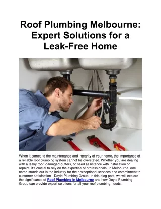 Roof Plumbing Melbourne Expert Solutions for a Leak Free Home