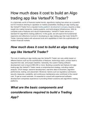 How much does it cost to build an Algo trading app like VertexFX Trader
