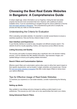 Choosing the Best Real Estate Websites in Bangalore: A Comprehensive Guide