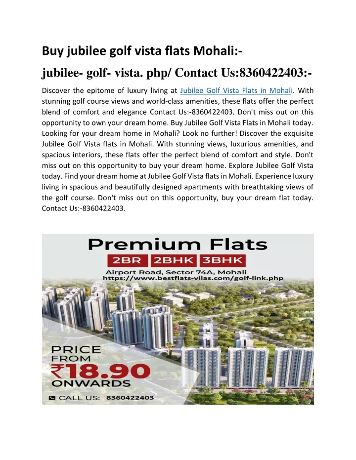 buy jubilee golf vista flats mohali jubilee golf