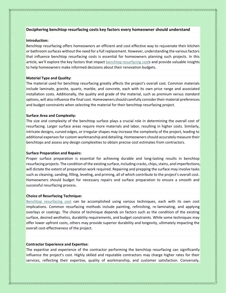 deciphering benchtop resurfacing costs