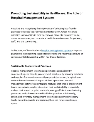 Promoting Sustainability in Healthcare: The Role of Hospital Management Systems