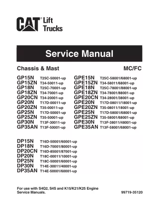 Caterpillar Cat DP15N Forklift Lift Truck Service Repair Manual SN T16D-60001 and up