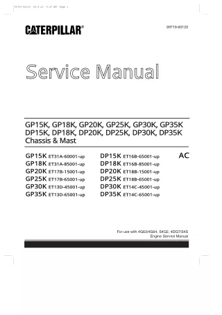 Caterpillar Cat DP18K FC Forklift Lift Trucks Service Repair Manual SN：ET16B-85001 and up